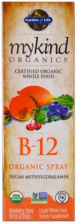 MyKind Organics, B-12 Organic Spray, Raspberry, 2 oz (58 ml) by Garden of Life-Vitaminer, Vitamin B12