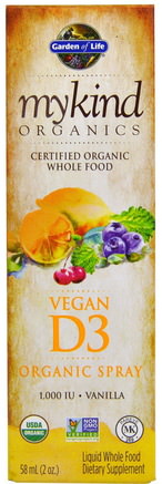 MyKind Organics, Vegan D3, Vanilla Spray, 1.000 IU, 2 oz (58 ml) by Garden of Life-Vitaminer, Vitamin D3, Vitamin D3 Vätska