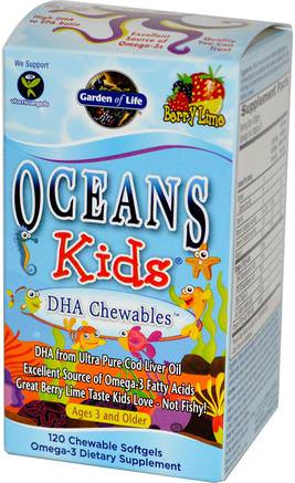 Oceans Kids, DHA Chewables, Age 3 And Older, Berry Lime, 120 Chewable Softgels by Garden of Life-Kosttillskott, Efa Omega 3 6 9 (Epa Dha), Dha Chewable, Barns Hälsa, Kosttillskott Barn