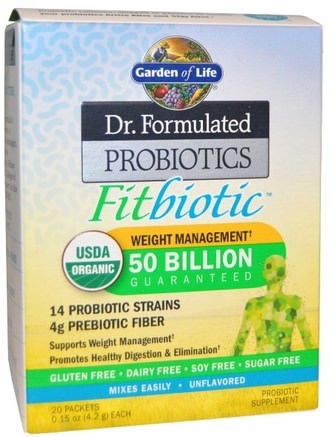 Organic Dr. Formulated Probiotics Fitbiotic, Unflavored, 20 Packets, 0.15 oz (4.2 g) Each by Garden of Life-Kosttillskott, Probiotika, Stabiliserade Probiotika, Viktminskning, Kost