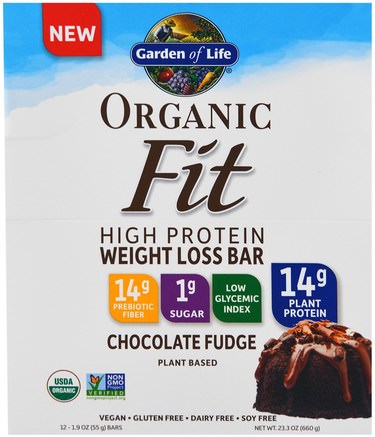 Organic Fit, High Protein Weight Loss Bar, Chocolate Fudge, 12 Bars, 1.9 oz (55 g) Each by Garden of Life-Sport, Proteinstänger, Matbyte Skakningar