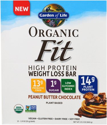 Organic Fit, High Protein Weight Loss Bar, Peanut Butter Chocolate, 12 Bars, 1.9 oz (55 g) Each by Garden of Life-Kosttillskott, Proteinstänger