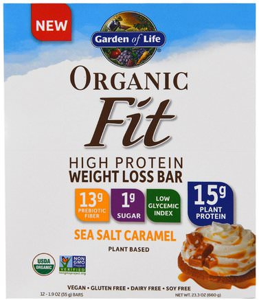 Organic Fit High Protein Weight Loss Bar, Sea Salt Caramel, 12 Bars, 1.9 oz (55 g) Each by Garden of Life-Kosttillskott, Proteinstänger