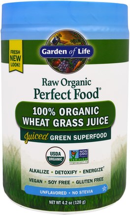 Raw Organic Perfect Food, 100% Organic Wheat Grass Juice, Unflavored, 4.2 oz (120 g) by Garden of Life-Kosttillskott, Superfoods, Perfekt Mat, Vete Gräs