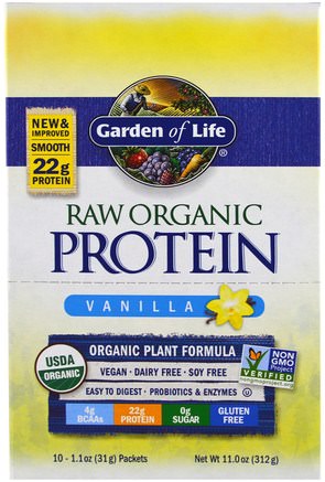 Raw Organic Protein, Organic Plant Formula, Vanilla, 10 Packets, 1.1 oz (31 g) Each by Garden of Life-Kosttillskott, Protein