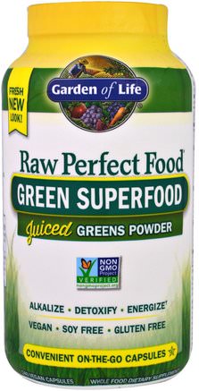 Raw Perfect Food, Green Superfood, Juiced Greens Powder, 240 Vegan Caps by Garden of Life-Kosttillskott, Superfoods, Perfekt Mat