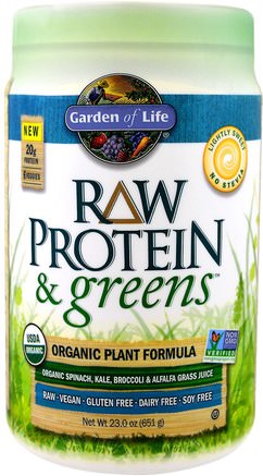 Raw Protein & Greens, Organic Plant Formula, Lightly Sweet, 23.0 oz (651 g) by Garden of Life-Kosttillskott, Protein, Superfoods, Greener