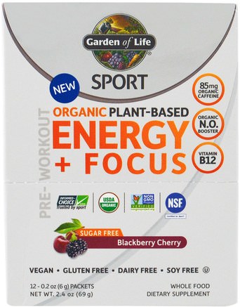 Sport, Organic Plant-Based Energy + Focus, Pre-Workout, Sugar Free, Blackberry Cherry, 12 Packets, 0.2 oz (6 g) Each by Garden of Life-Sport, Träning