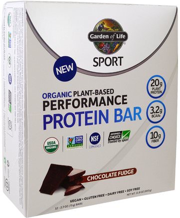 Sport, Organic Plant-Based Performance Protein Bar, Chocolate Fudge, 12 Bars, 2.7 oz (75 g) Each by Garden of Life-Sport, Protein Barer