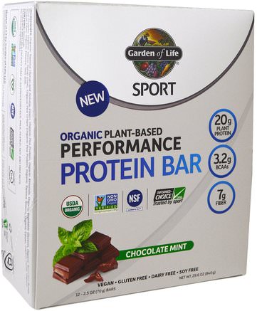 Sport, Organic Plant-Based Performance Protein Bar, Chocolate Mint, 12 Bars, 2.5 oz (70 g) Each by Garden of Life-Sport, Protein Barer