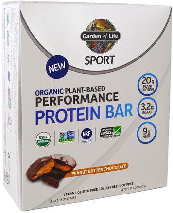 Sport, Organic Plant-Based Performance Protein Bar, Peanut Butter Chocolate, 12 Bars, 2.7 oz (75 g) Each by Garden of Life-Sport, Protein Barer