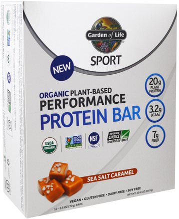 Sport, Organic Plant-Based Performance Protein Bar, Sea Salt Caramel, 12 Bars, 2.5 oz (70 g) Each by Garden of Life-Sport, Protein Barer