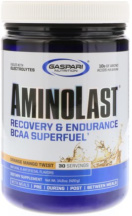 Aminolast, Recovery & Endurance BCAA Superfuel, Orange Mango Twist, 14.8 oz (420 g) by Gaspari Nutrition-Kosttillskott, Aminosyror, Bcaa (Förgrenad Aminosyra), Sport, Träning