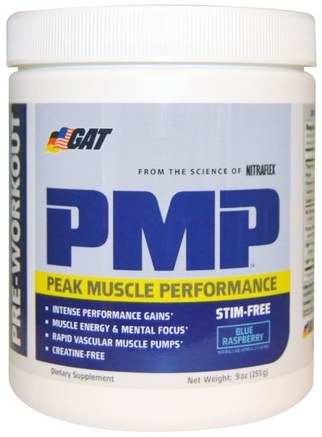 PMP, Pre-Workout, Peak Muscle Performance, Blue Raspberry, 9 oz (255 g) by GAT-Sport, Träning, Muskel