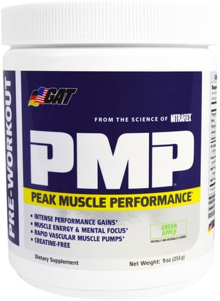 PMP, Pre-Workout, Peak Muscle Performance, Green Apple, 9 oz (255 g) by GAT-Sport, Träning, Muskel