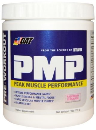 PMP, Pre-Workout, Peak Muscle Performance, Raspberry Lemonade, 9 oz (255 g) by GAT-Sport, Träning, Muskel