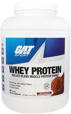 Whey Protein, Isolate Blend Muscle Protein Shake, Essentials, Rich Chocolate, 5 lbs (2268 g) by GAT-Kosttillskott, Protein, Muskel