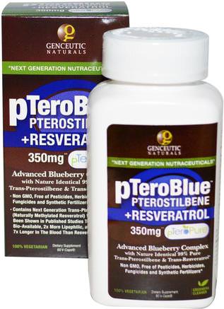 pTeroBlue, Pterostilbene + Resveratrol, 350 mg, 60 V-Caps by Genceutic Naturals-Kosttillskott, Resveratrol