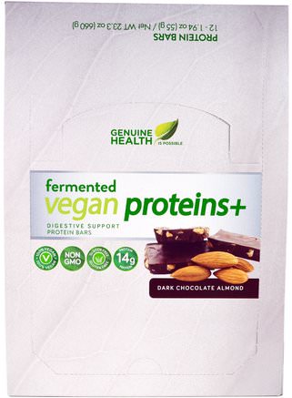 Fermented Vegan Proteins +, Dark Chocolate Almond, 12 Protein Bars, 1.94 oz (55 g) Each by Genuine Health Corporation-Sport, Protein Barer