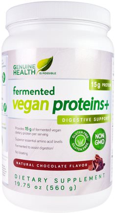 Fermented Vegan Proteins, Digestive Support, Natural Chocolate Flavor, 19.75 oz (560 g) by Genuine Health Corporation-Kosttillskott, Protein