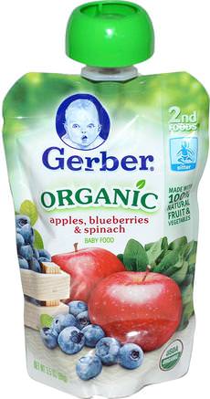 2nd Foods, Organic Baby Food, Apples, Blueberries & Spinach, 3.5 oz (99 g) by Gerber-Barns Hälsa, Barn Mat, Baby Matning, Mat