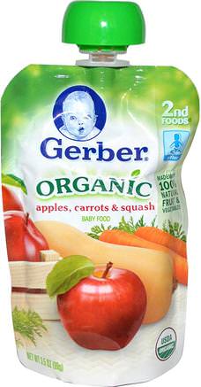 2nd Foods, Organic Baby Food, Apples, Carrots & Squash, 3.5 oz (99 g) by Gerber-Barns Hälsa, Barn Mat, Baby Matning, Mat