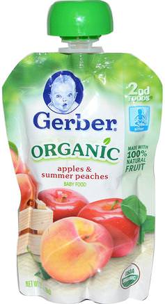 2nd Foods, Organic Baby Food, Apples & Summer Peaches, 3.5 oz (99 g) by Gerber-Barns Hälsa, Barn Mat, Baby Matning, Mat