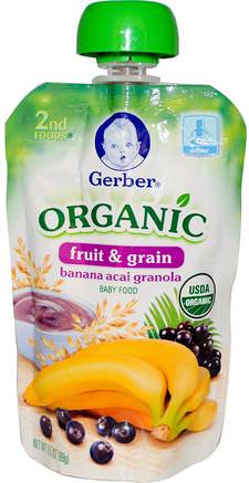 2nd Foods, Organic Baby Food, Fruit & Grain, Banana Acai Granola, 3.5 oz (99 g) by Gerber-Barns Hälsa, Barn Mat, Baby Matning, Mat