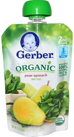 2nd Foods, Organic Baby Food, Pear Spinach, 3.5 oz (99 g) by Gerber-Barns Hälsa, Barn Mat, Baby Matning, Mat