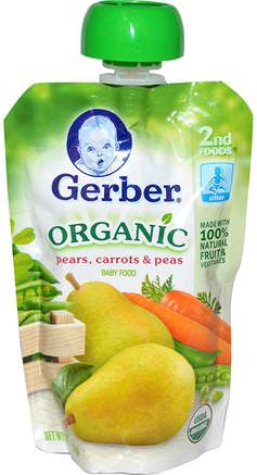 2nd Foods, Organic Baby Food, Pears, Carrots & Peas, 3.5 oz (99 g) by Gerber-Barns Hälsa, Barn Mat, Baby Matning, Mat