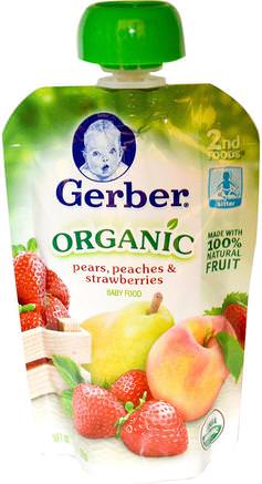 2nd Foods, Organic Baby Food, Pears, Peaches & Strawberries, 3.5 oz (99 g) by Gerber-Barns Hälsa, Barn Mat, Baby Matning, Mat
