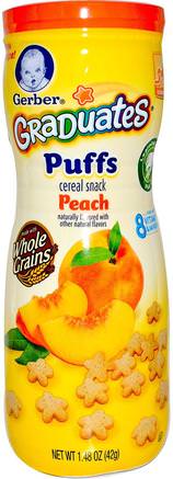 Graduates, Puffs Cereal Snack, Peach, Crawler, 1.48 oz (42 g) by Gerber-Barns Hälsa, Barnfodring, Akademiker, Puffar