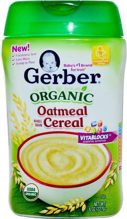 Organic Oatmeal Cereal, Whole Grain, 8 oz (227 g) by Gerber-Barns Hälsa, Barnmat, Babyfodring, Barnflingor