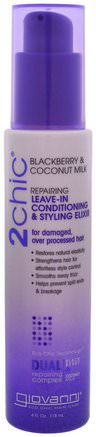 2Chic, Repairing Leave-In Conditioning & Styling Elixir, for Damaged Over Processed Hair, Blackberry & Coconut Milk, 4 fl oz (118 ml) by Giovanni-Bad, Skönhet, Hår, Hårbotten