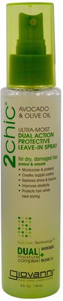 2Chic, Ultra-Moist Dual Action Protective Leave-In Spray, Avocado & Olive Oil, 4 fl oz (118 ml) by Giovanni-Bad, Skönhet, Hår, Hårbotten
