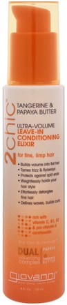 2Chic, Ultra-Volume Leave-In Conditioning Elixir, for Fine, Limp Hair, Tangerine & Papaya Butter, 4 fl oz (118 ml) by Giovanni-Bad, Skönhet, Hår, Hårbotten