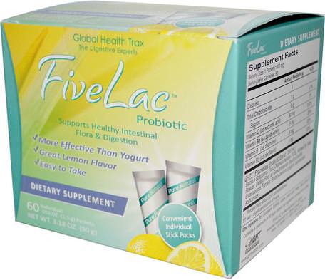 FiveLac Probiotic, Lemon Flavor, 60 Packets.053 oz (1.5 g) Each by Global Health Trax-Kosttillskott, Probiotika, Stabiliserade Probiotika
