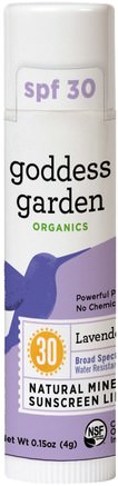 Organics, Natural Mineral Sunscreen Lip Balm, SPF 30, Lavender Mint, 0.15 oz (4 g) by Goddess Garden-Bad, Skönhet, Läppvård, Läppsolskydd