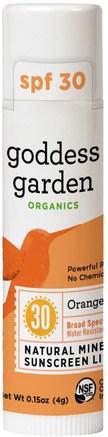 Organics, Natural Mineral Sunscreen Lip Balm, SPF 30, Orange Vanilla, 0.15 oz (4 g) by Goddess Garden-Bad, Skönhet, Läppvård, Läppsolskydd