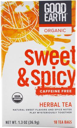 Organic Sweet & Spicy, Caffeine Free, Herbal Tea, 18 Tea Bags, 1.3 oz (36.9 g) by Good Earth Teas-Mat, Örtte