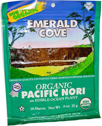 Emerald Cove, Organic Pacific Nori, 10 Sheets, 0.9 oz (25 g) by Great Eastern Sun-Kosttillskott, Alger Olika, Stora Östra Solen Smaragdgröna Havet Grönsaker