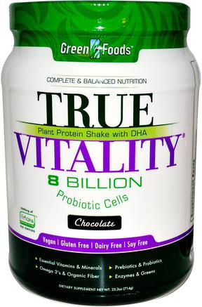 True Vitality, Plant Protein Shake with DHA, Chocolate, 25.2 oz (714 g) by Green Foods Corporation-Kosttillskott, Protein Skakningar