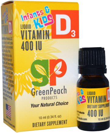 Infants & Kids, Liquid Vitamin D3, 400 IU, 0.34 fl oz (10 ml) by GreenPeach-Vitaminer, Vitamin D3, Vitamin D3 Vätska, Barns Hälsa, Baby, Spädbarnstillskott