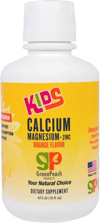 Kids, Calcium Magnesium + Zinc, Orange Flavor, 16 fl oz (473 ml) by GreenPeach-Kosttillskott, Mineraler, Kalcium, Flytande Kalcium, Barns Hälsa, Kosttillskott Barn