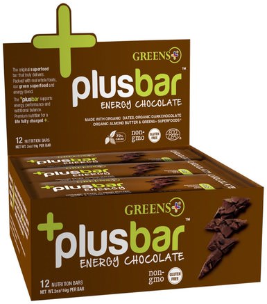 Plusbar, Energy Chocolate, 12 Bars, 2 oz (59 g) Each by Greens Plus-Kosttillskott, Näringsrika Barer