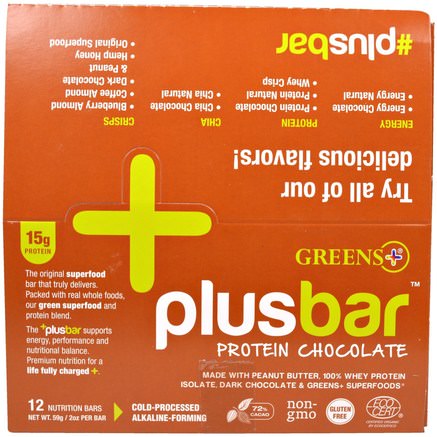 Plusbar, Protein Chocolate, 12 Bars, 2 oz (59 g) Each by Greens Plus-Sport, Protein Barer, Näringsrika Barer