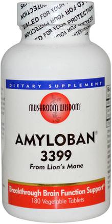 Amyloban 3399, 180 Veggie Tabs by Mushroom Wisdom-Kosttillskott, Medicinska Svampar, Lions Manesvamp, Svampkapslar