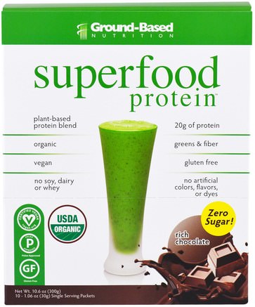 Organic Superfood Protein, Rich Chocolate, 10 Packets, 1.06 oz (30 g) Each by Ground Based Nutrition-Kosttillskott, Superfoods, Antioxidanter