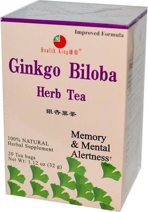 Ginkgo Biloba Herb Tea, 20 Tea Bags, 1.12 oz (32 g) by Health King-Mat, Örtte, Uppmärksamhet Underskott Störning, Lägg Till, Adhd, Hjärna, Minne
