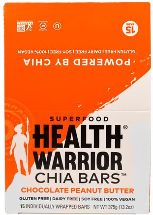 Chia Bars, Chocolate Peanut Butter, 15 Bars, 13.2 oz (375 g) by Health Warrior-Mat, Snacks, Hälsosam Snacks, Kosttillskott, Näringsrika Barer